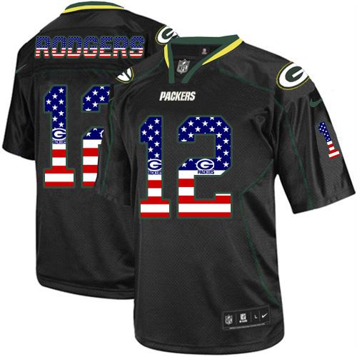 Men's Elite Aaron Rodgers Nike Jersey Black - #12 USA Flag Fashion NFL Green Bay Packers